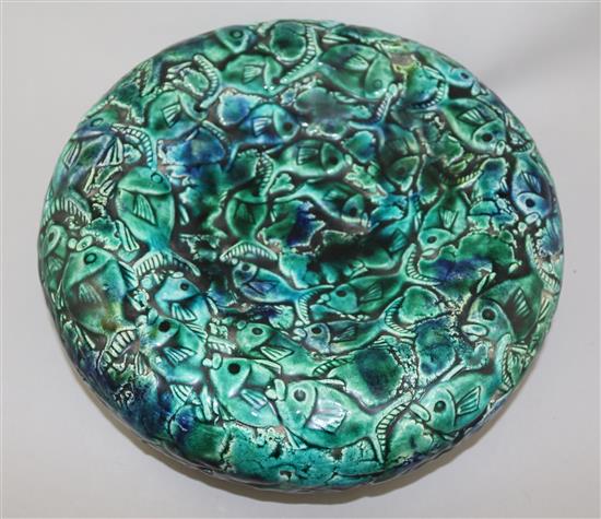 Kate Malone. A green and blue glazed fish moulded bowl, diameter 32.5cm